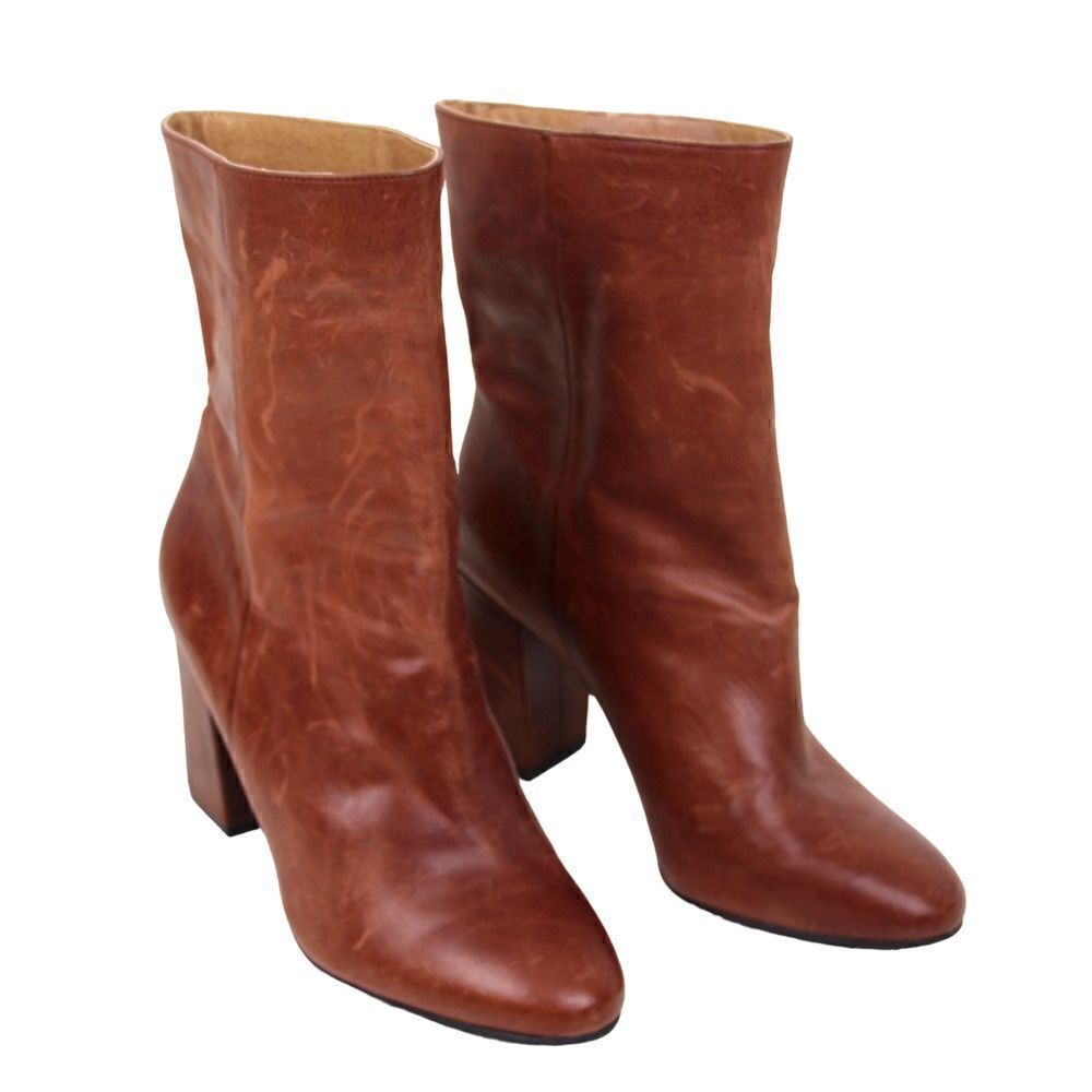 LUCKY BRAND BROWN GENUINE LEATHER MID HEEL ROUND TOE ANKLE BOOTS SHOES Sz 6.5M